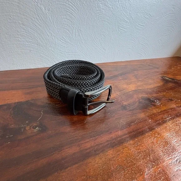 Original Penguin Mens Braided Elastic Web Belt Black Grey Leather Trim HN86103 M - Picture 1 of 5